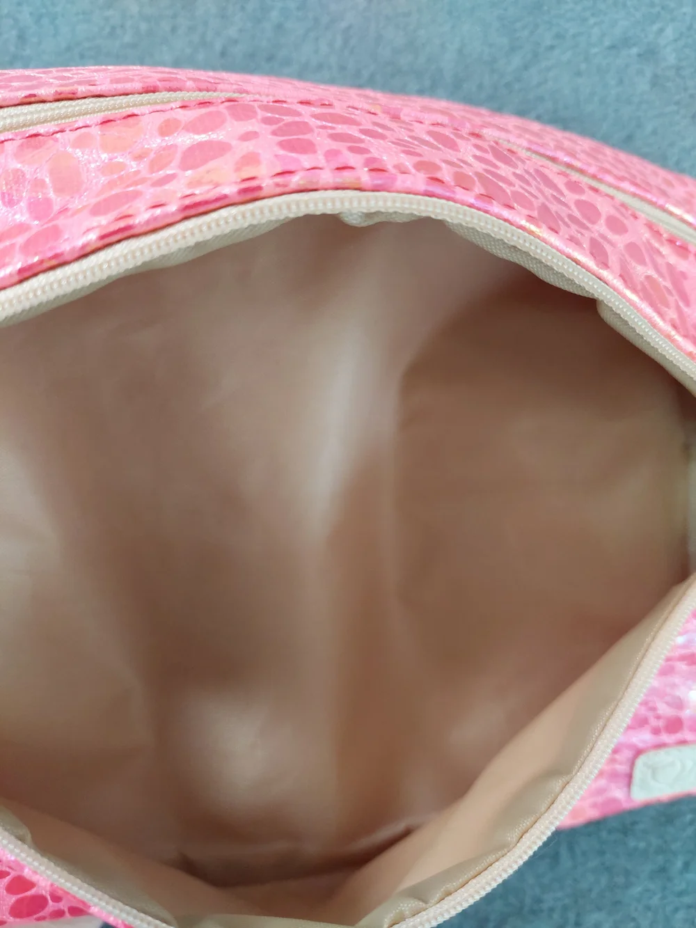 Metallic Hot Pink Textured Multi Zipper Cosmetic Bag Pouch with Peach Patch